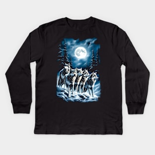 Wolf pack at night winter fanatsy Kids Long Sleeve T-Shirt
